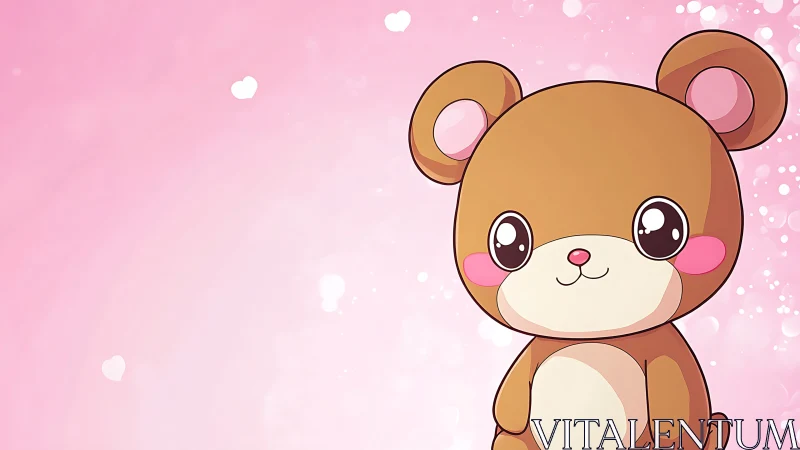 Cute chibi teddy bear smiles on soft pink background.