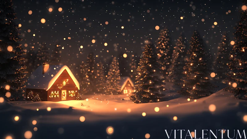 Snow-covered cabin under warm bokeh lights in dense winter forest