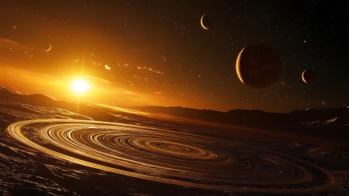 Ringed alien horizon under molten golden starfield glow.