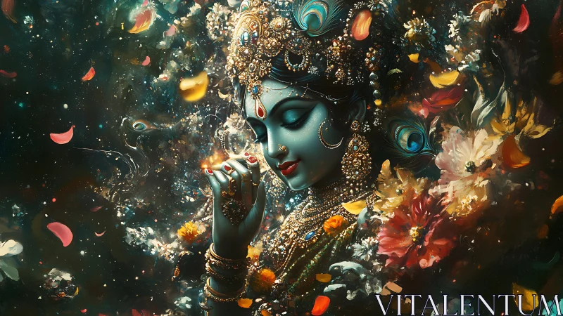 Celestial blue goddess adrift in jeweled cosmic blossoms.