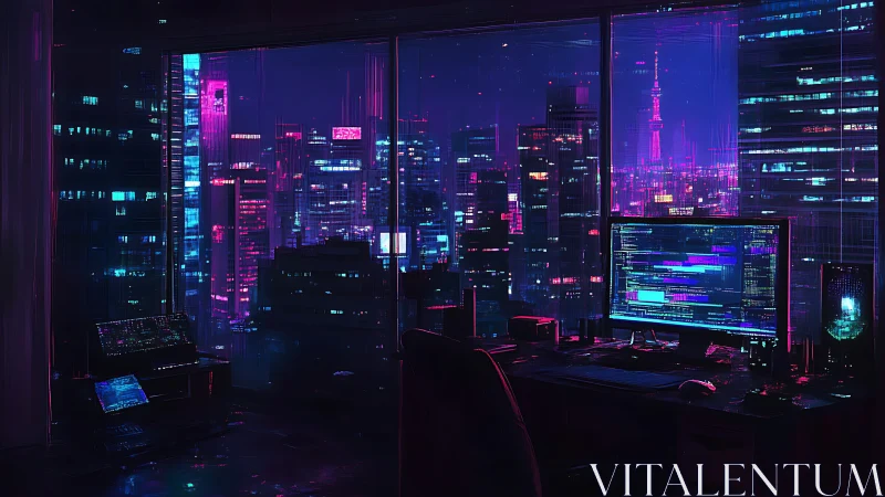 Cyberpunk developer cockpit overlooking neon metropolis at night.