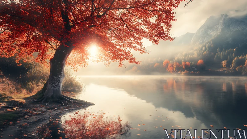 Autumn lakeside tree with backlit foliage in misty panorama.