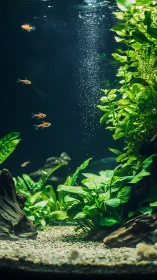 Gentle aquarium scene glows with lush plants and tiny fish