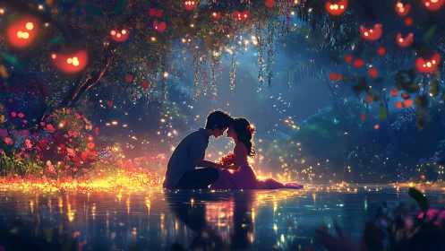 Luminous Embrace: Digital Painting of Romantic Silhouettes.