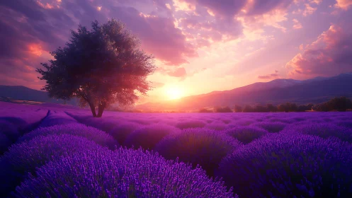 Solitary tree overlooks glowing lavender field at sunset