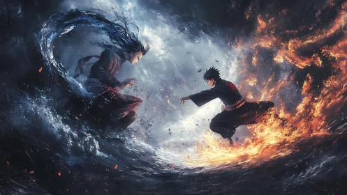 Elemental duel ignites between storm-swept water and roaring fire.