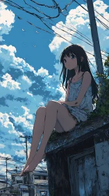 Girl on rooftop ledge under bright summer sky.