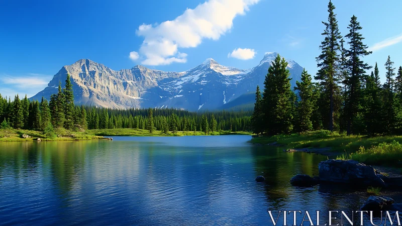 Photorealistic alpine lake with conifer forest and peaks.