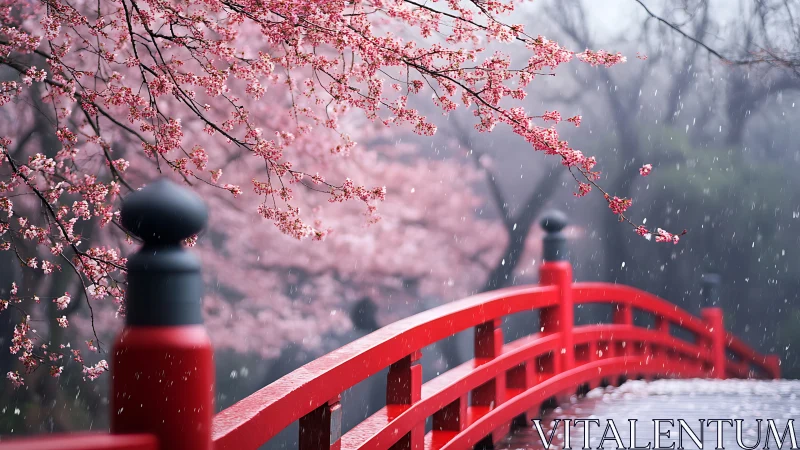 Gentle red bridge under soft cherry blossoms in spring rain.