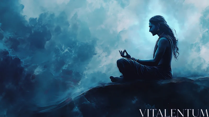 Serene mystic meditating in soft blue celestial light.