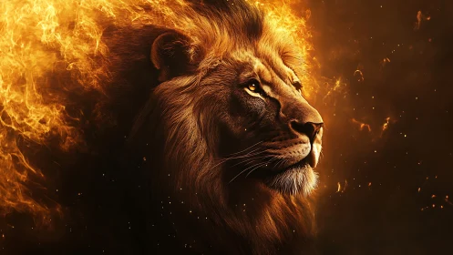 Digital lion portrait with mane rendered as controlled fire.