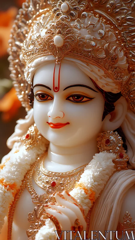 Serene divine statue glows with ornate golden adornments