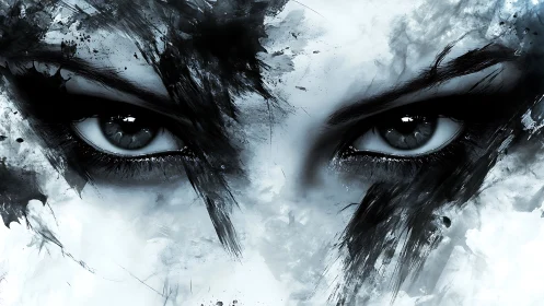 Piercing monochrome eyes emerge from ink-splattered chaos.