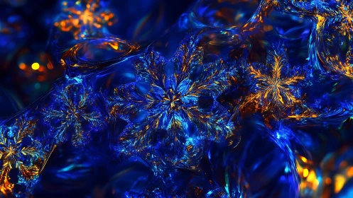 Luminous fractal snowflakes in electric blue and gold field.