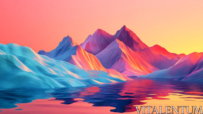 Low-poly mountain range with reflective water surface.