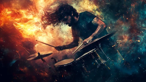 Fiery cosmic drummer unleashes explosive rhythm energy live