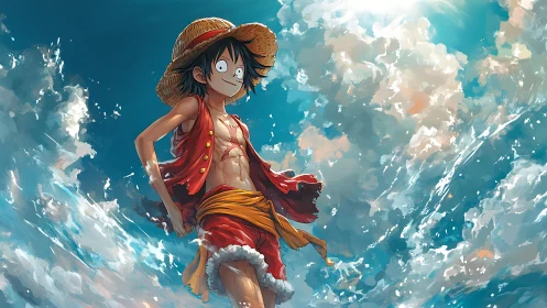 Straw-hatted anime figure stands against expansive sky scene