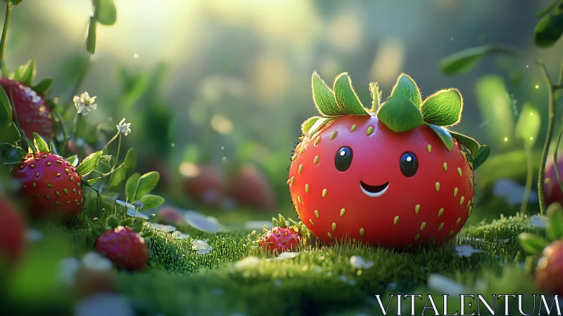 Smiling cartoon strawberry character sits on detailed grass