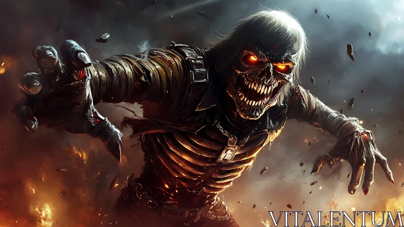 Fiery skeletal warrior lunges forward through blazing chaos