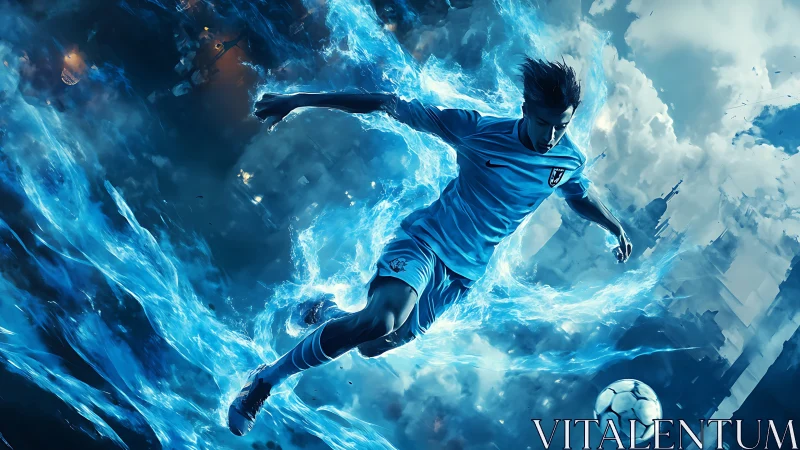 Electric soccer striker surrounded by dynamic blue energy.