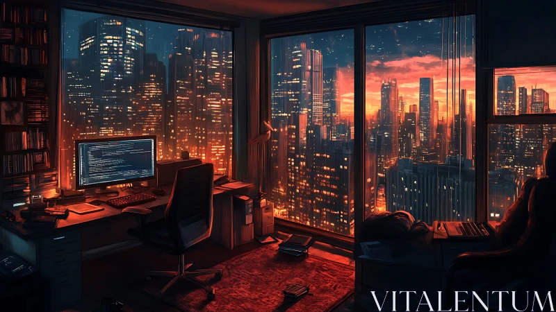 Cozy coder’s city view glowing with warm sunset lights.