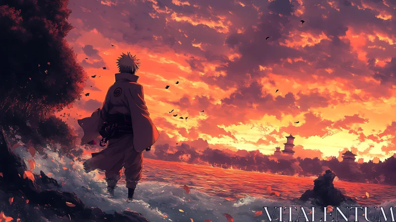 Lone anime warrior facing burning sunset shoreline horizon.