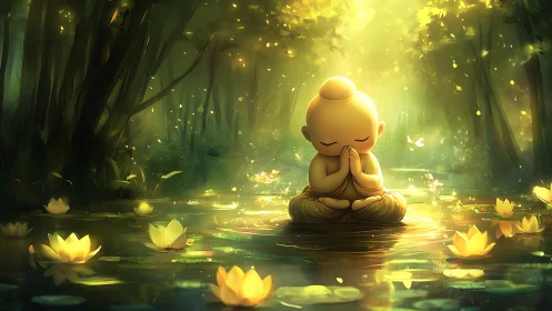 Meditating child monk glows softly amid golden forest pond