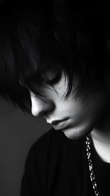 Monochrome profile of young man with downcast gaze.