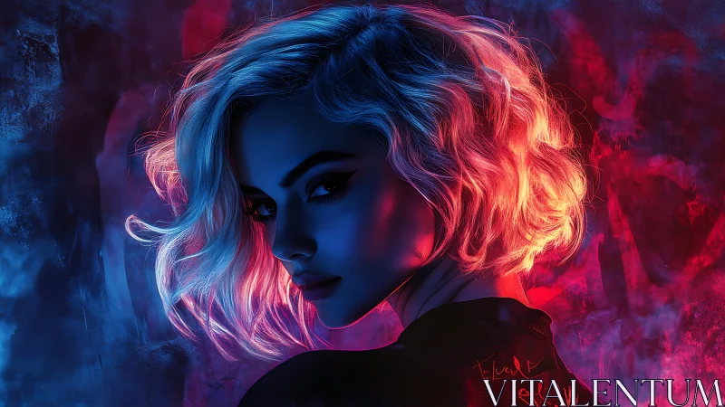 Neon lit portrait of woman with short blonde hair.