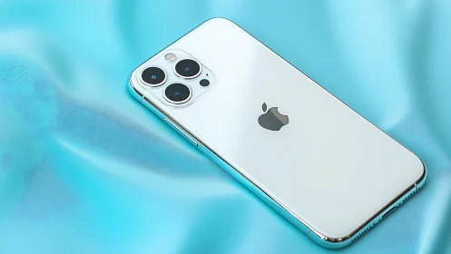 White smartphone with triple camera module on turquoise surface