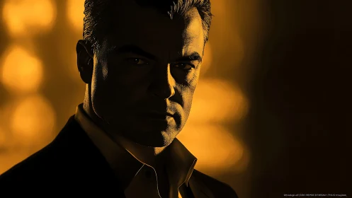 Moody low key portrait of man in warm backlighting.