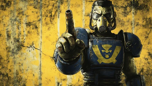 Armored figure with respirator pointing against yellow wall.