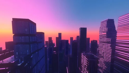 Neon gradient skyline renders high-rise glass volumes at dusk
