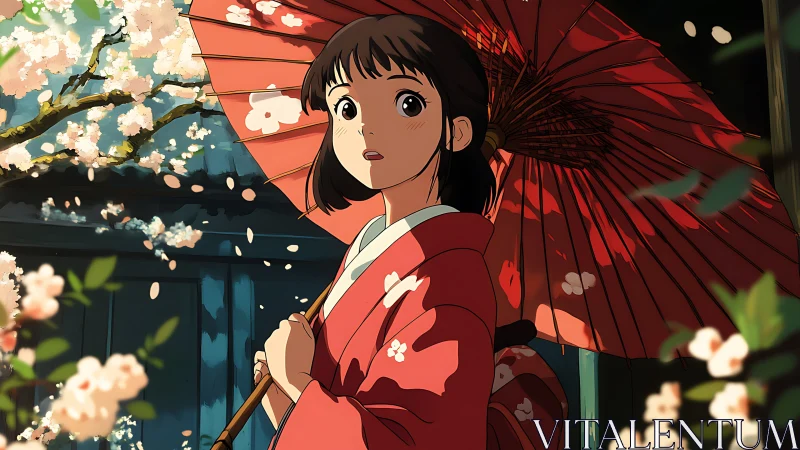 Anime spring portrait with parasol and sakura framing composition.