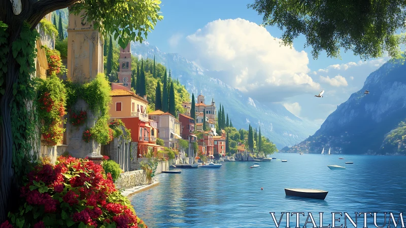 Sunlit lakeside village dreaming beneath misty blue peaks.