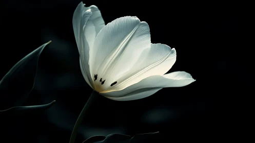 White Tulip Backlit Against Black. Delicate Petals, Dark Drama.
