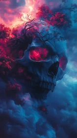 Colossal skull cloud drifts through neon storm sky.