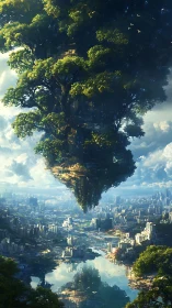 Massive floating tree city above reflective futuristic valley.