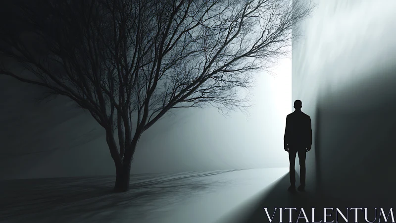 Silhouetted figure beside stark wall under barren tree.