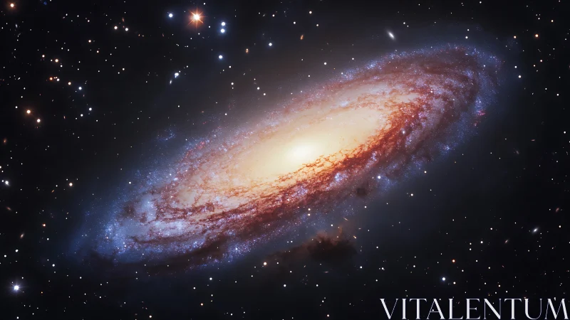 Spiral galaxy drifts like a glowing cosmic autumn leaf