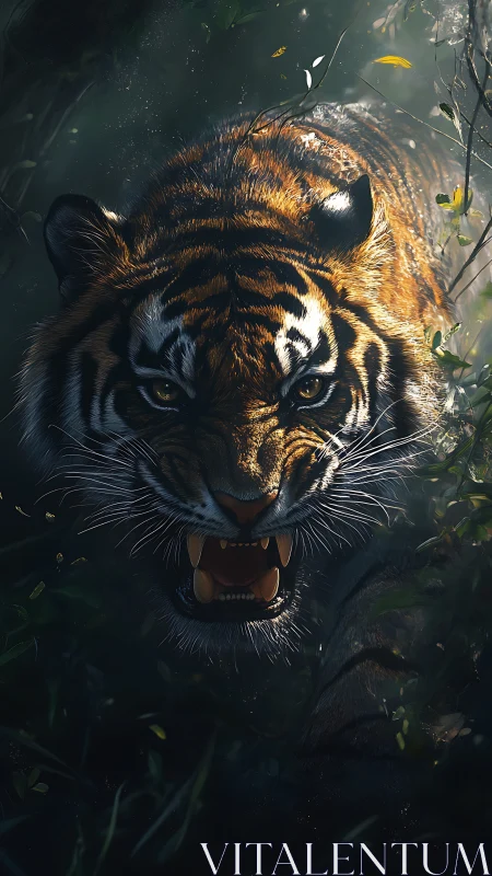 Stalking tiger bursts from shadowed jungle in dramatic light