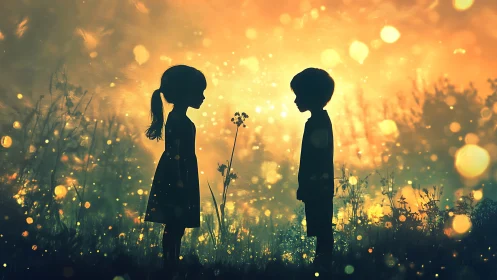 Two children silhouetted against golden light in flowering field.