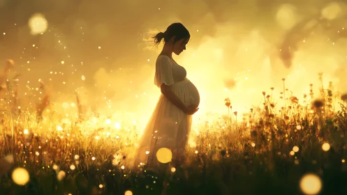 Pregnant woman in meadow at golden sunset light period.