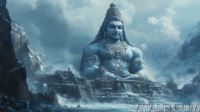 Colossal mountain guardian in serene icy temple valley.