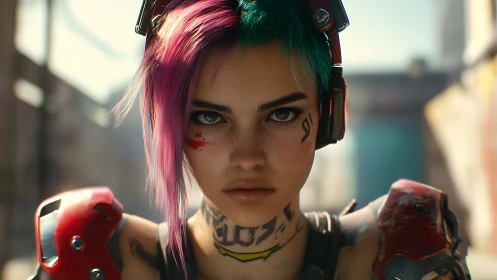 Cyberpunk portrait of young woman with headphones and armor.