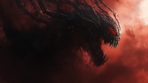 Blood-red void leviathan grinning through cosmic smoke.