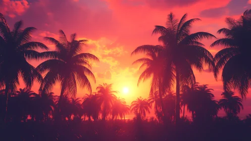 Vivid tropical sunset behind dense silhouetted palm trees.