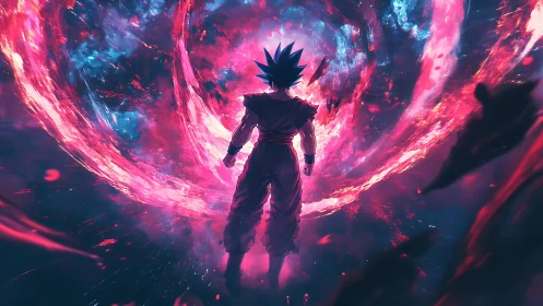 Backlit warrior isolated inside turbulent neon energy vortex