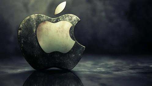 Metallic bitten apple emblem under moody studio lighting.