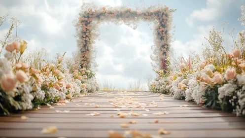 Photorealistic floral wedding archway with leading aisle perspective.